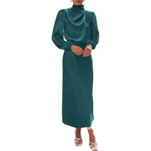 imageBTFBM Womens Mock Neck Satin Dress Summer Fall 2025 Long Sleeve High Waist Formal Wedding Party Maxi Cocktail DressesDark Green