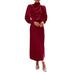 imageBTFBM Womens Mock Neck Satin Dress Summer Fall 2025 Long Sleeve High Waist Formal Wedding Party Maxi Cocktail DressesDeep Red