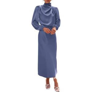 imageBTFBM Womens Mock Neck Satin Dress Summer Fall 2025 Long Sleeve High Waist Formal Wedding Party Maxi Cocktail DressesGrey Blue