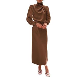 imageBTFBM Womens Mock Neck Satin Dress Summer Fall 2025 Long Sleeve High Waist Formal Wedding Party Maxi Cocktail DressesKhaki