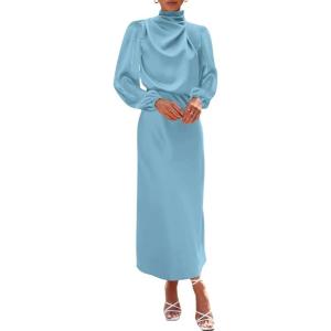 imageBTFBM Womens Mock Neck Satin Dress Summer Fall 2025 Long Sleeve High Waist Formal Wedding Party Maxi Cocktail DressesLight Blue