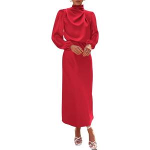 imageBTFBM Womens Mock Neck Satin Dress Summer Fall 2025 Long Sleeve High Waist Formal Wedding Party Maxi Cocktail DressesRed