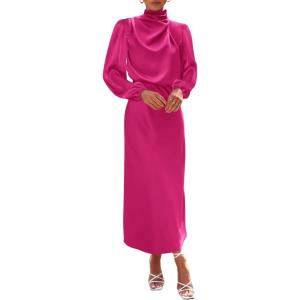 imageBTFBM Womens Mock Neck Satin Dress Summer Fall 2025 Long Sleeve High Waist Formal Wedding Party Maxi Cocktail DressesRose Red