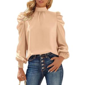 imageBTFBM Mock Neck Long Sleeve Blouses for Women Dressy Casual Business Work Shirts 2025 Spring Fall Clothes Satin TopsApricot
