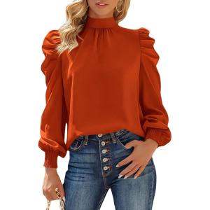 imageBTFBM Mock Neck Long Sleeve Blouses for Women Dressy Casual Business Work Shirts 2025 Spring Fall Clothes Satin TopsBrick Red