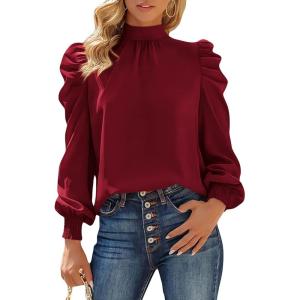 imageBTFBM Mock Neck Long Sleeve Blouses for Women Dressy Casual Business Work Shirts 2025 Spring Fall Clothes Satin TopsWine Red