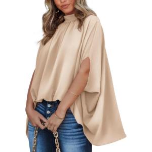 imageBTFBM Womens Summer Tops 2025 Fall Mock Neck Batwing Sleeve Shirts Loose High Low Hem Oversized Dressy Casual BlousesBeige