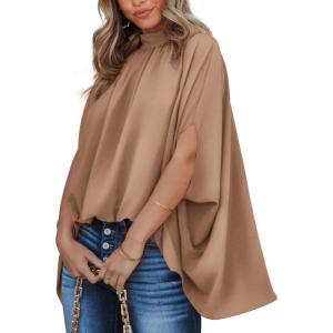 imageBTFBM Womens Summer Tops 2025 Fall Mock Neck Batwing Sleeve Shirts Loose High Low Hem Oversized Dressy Casual BlousesKhaki