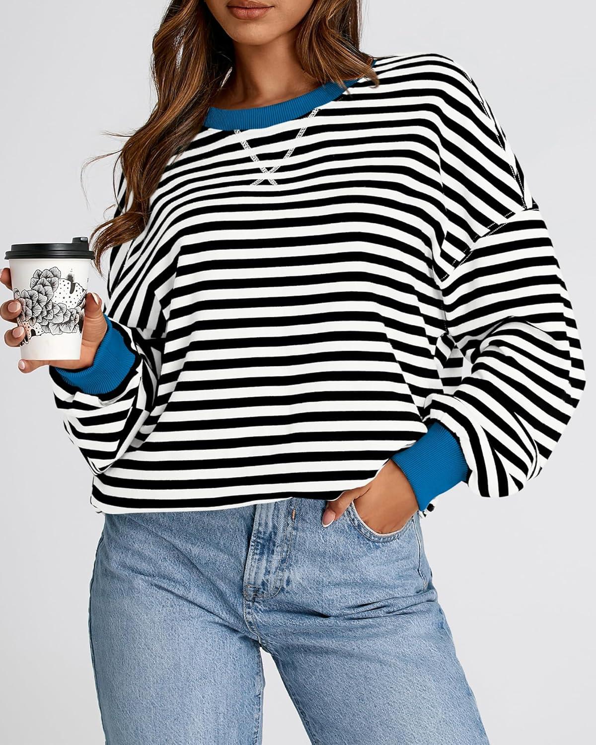 imageBTFBM Womens Oversized Striped Sweatshirt Crewneck Long Sleeve Pullover Top Casual Y2K Fall Clothes 2025 Workout ShirtBlack White