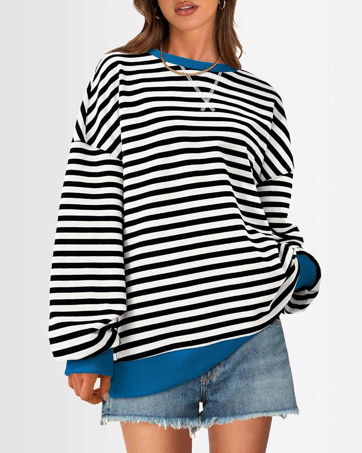 imageBTFBM Womens Oversized Striped Sweatshirt Crewneck Long Sleeve Pullover Top Casual Y2K Fall Clothes 2025 Workout ShirtBlack White