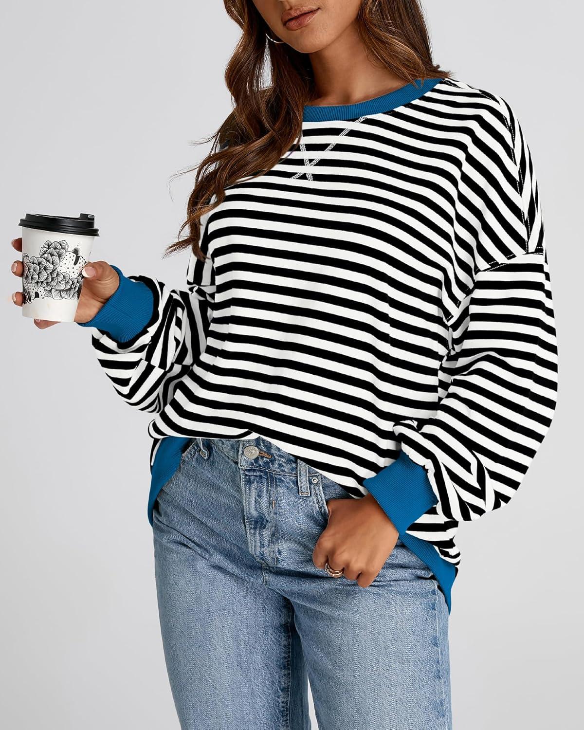 imageBTFBM Womens Oversized Striped Sweatshirt Crewneck Long Sleeve Pullover Top Casual Y2K Fall Clothes 2025 Workout ShirtBlack White