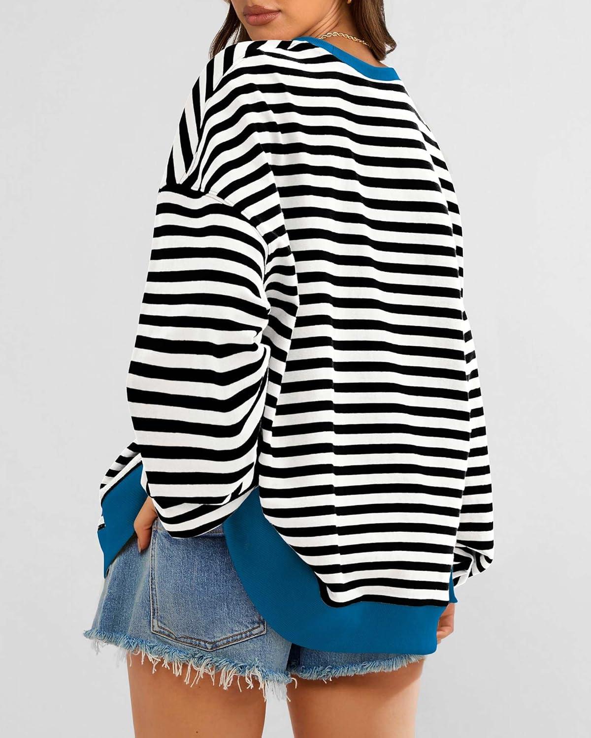 imageBTFBM Womens Oversized Striped Sweatshirt Crewneck Long Sleeve Pullover Top Casual Y2K Fall Clothes 2025 Workout ShirtBlack White