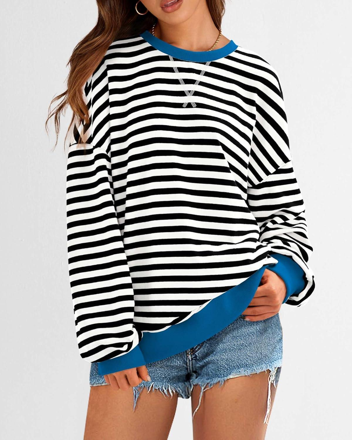 imageBTFBM Womens Oversized Striped Sweatshirt Crewneck Long Sleeve Pullover Top Casual Y2K Fall Clothes 2025 Workout ShirtBlack White