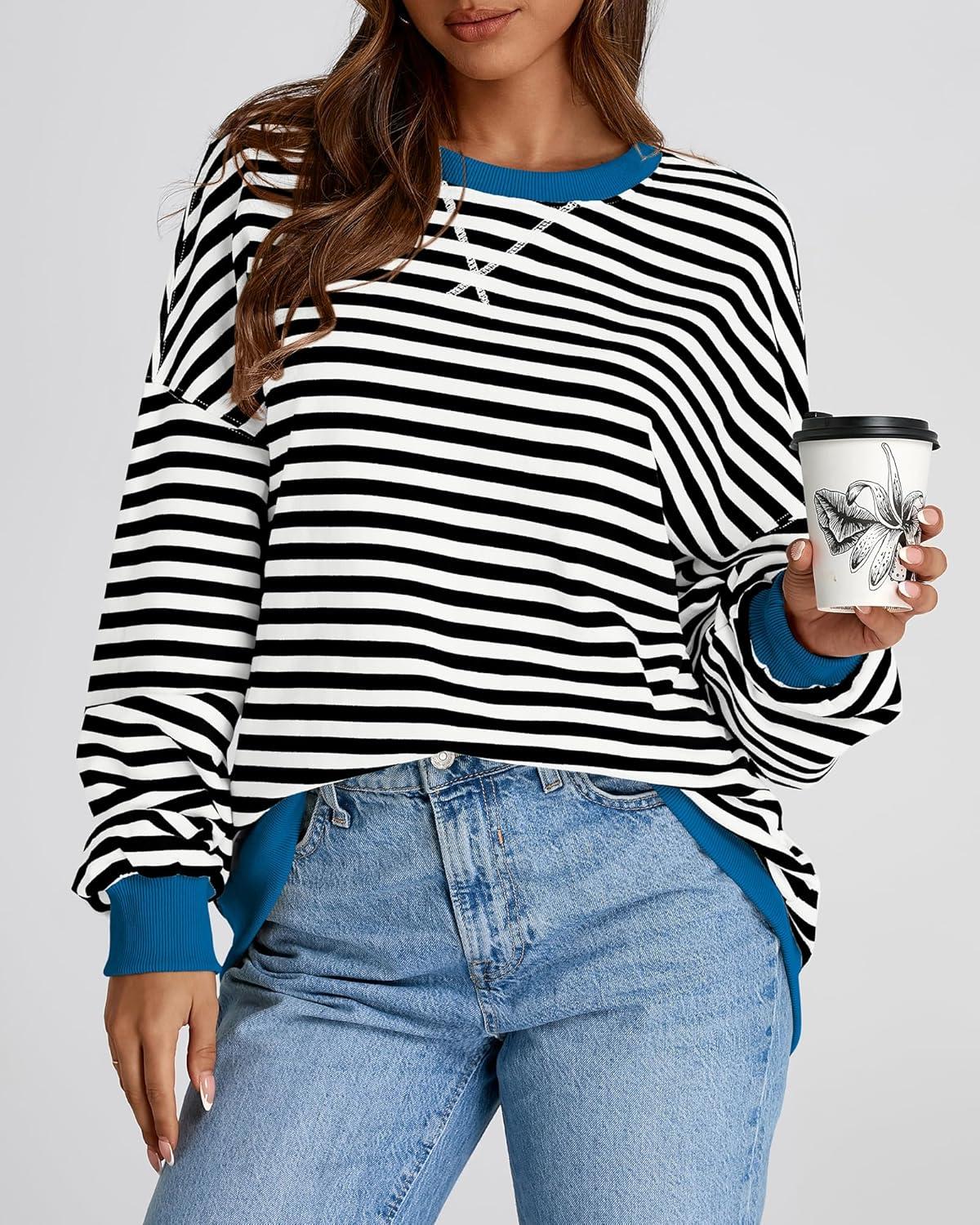 imageBTFBM Womens Oversized Striped Sweatshirt Crewneck Long Sleeve Pullover Top Casual Y2K Fall Clothes 2025 Workout ShirtBlack White