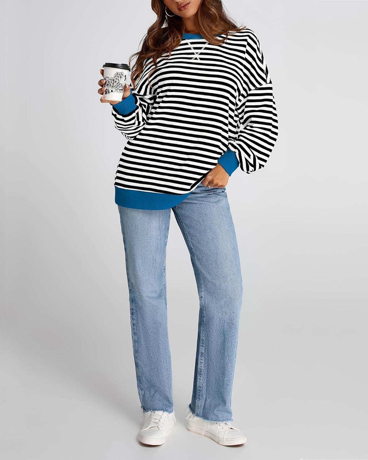 imageBTFBM Womens Oversized Striped Sweatshirt Crewneck Long Sleeve Pullover Top Casual Y2K Fall Clothes 2025 Workout ShirtBlack White