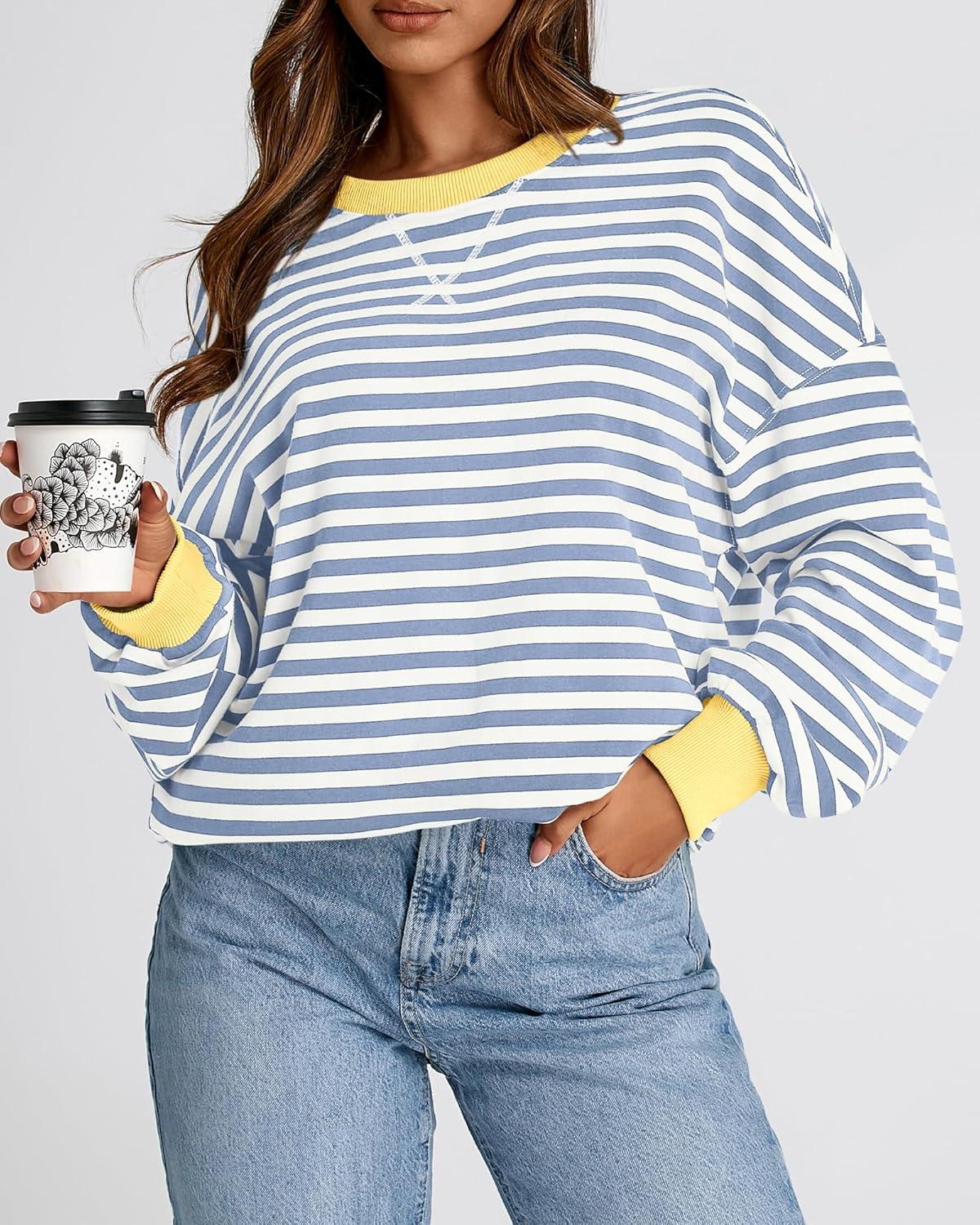 imageBTFBM Womens Oversized Striped Sweatshirt Crewneck Long Sleeve Pullover Top Casual Y2K Fall Clothes 2025 Workout ShirtBlue Beige White