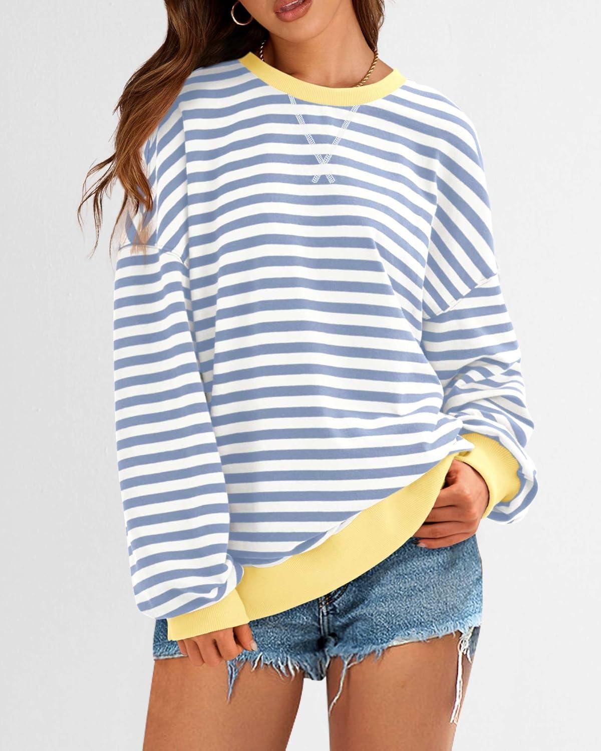 imageBTFBM Womens Oversized Striped Sweatshirt Crewneck Long Sleeve Pullover Top Casual Y2K Fall Clothes 2025 Workout ShirtBlue Beige White