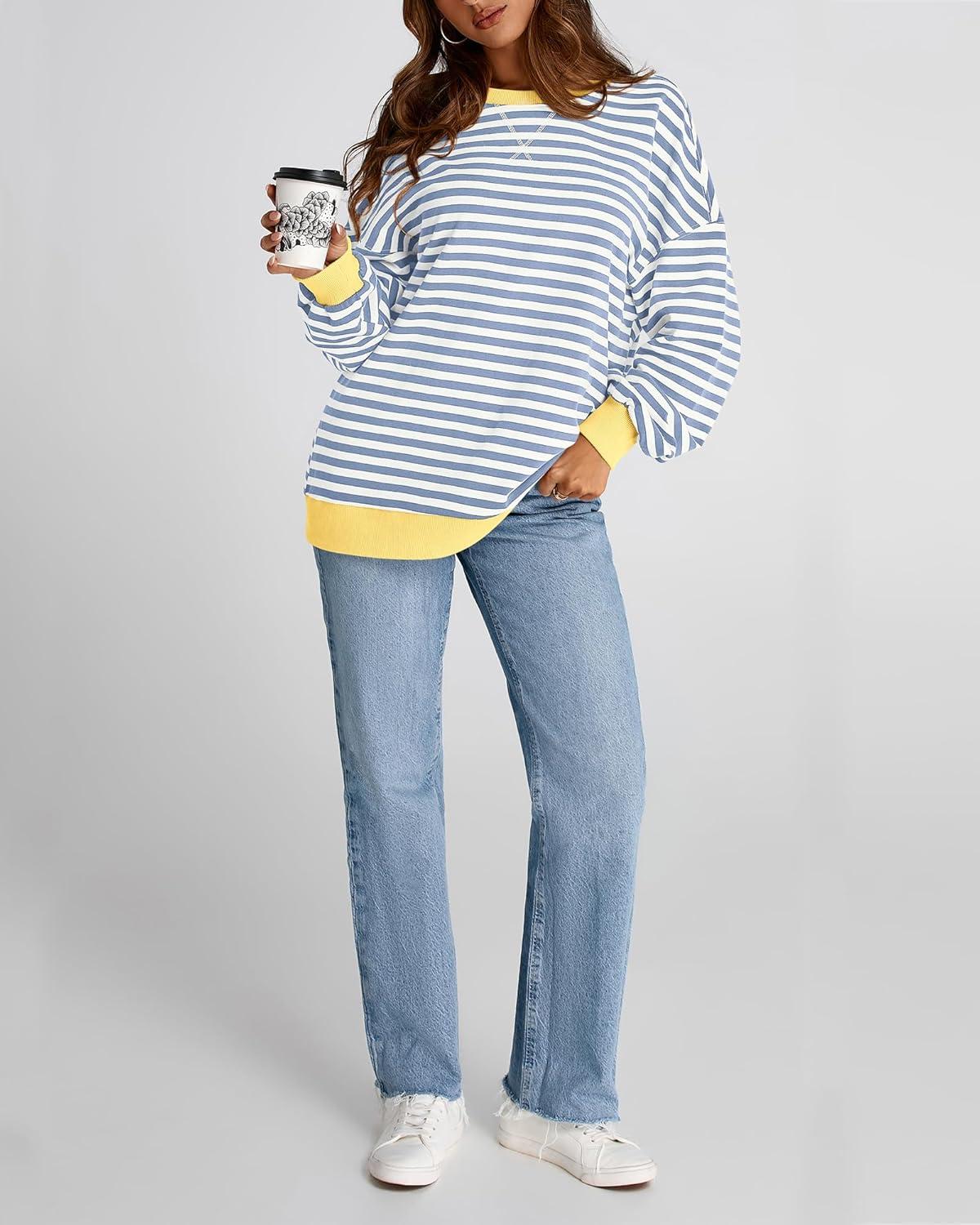 imageBTFBM Womens Oversized Striped Sweatshirt Crewneck Long Sleeve Pullover Top Casual Y2K Fall Clothes 2025 Workout ShirtBlue Beige White
