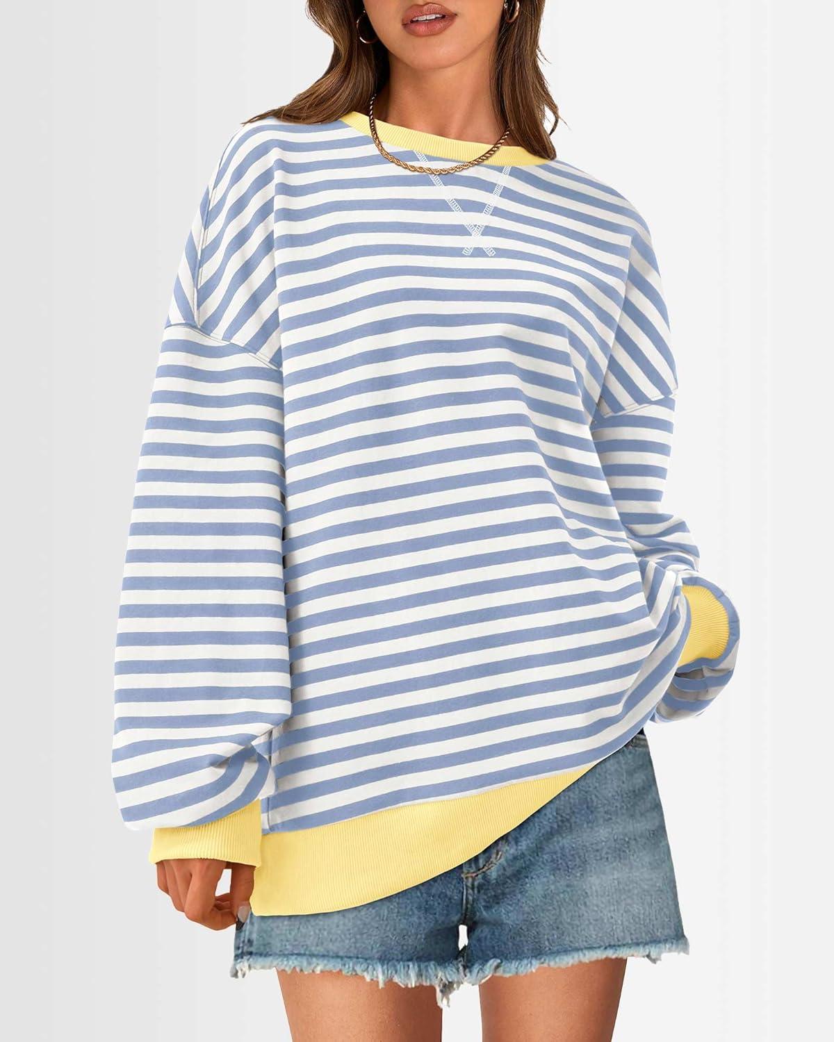 imageBTFBM Womens Oversized Striped Sweatshirt Crewneck Long Sleeve Pullover Top Casual Y2K Fall Clothes 2025 Workout ShirtBlue Beige White