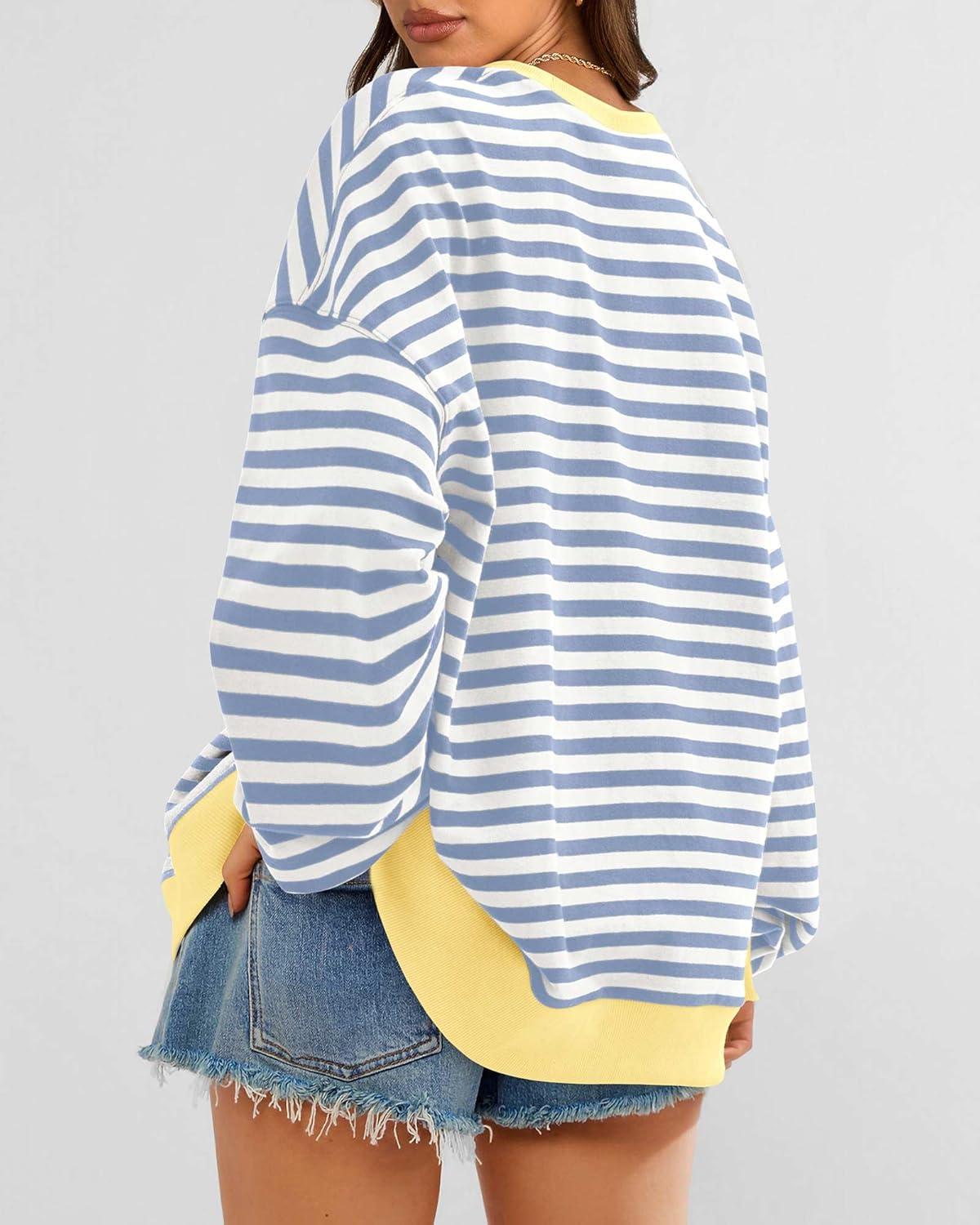imageBTFBM Womens Oversized Striped Sweatshirt Crewneck Long Sleeve Pullover Top Casual Y2K Fall Clothes 2025 Workout ShirtBlue Beige White