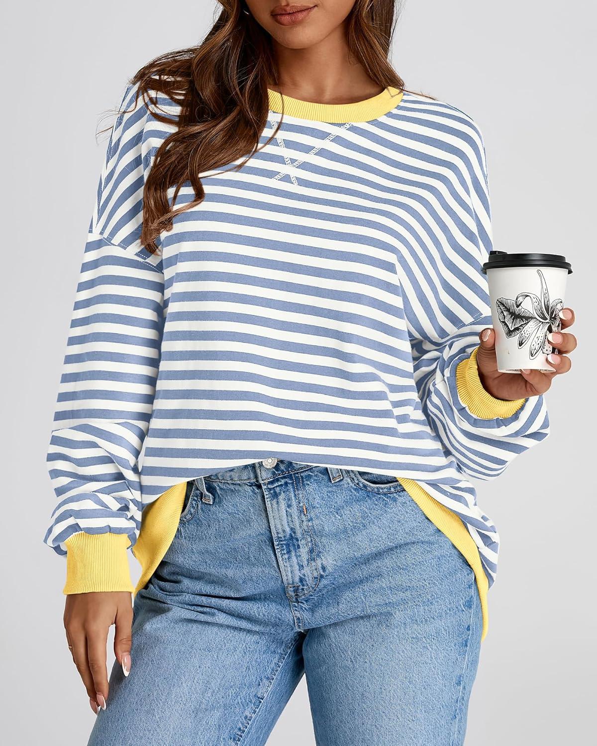 imageBTFBM Womens Oversized Striped Sweatshirt Crewneck Long Sleeve Pullover Top Casual Y2K Fall Clothes 2025 Workout ShirtBlue Beige White