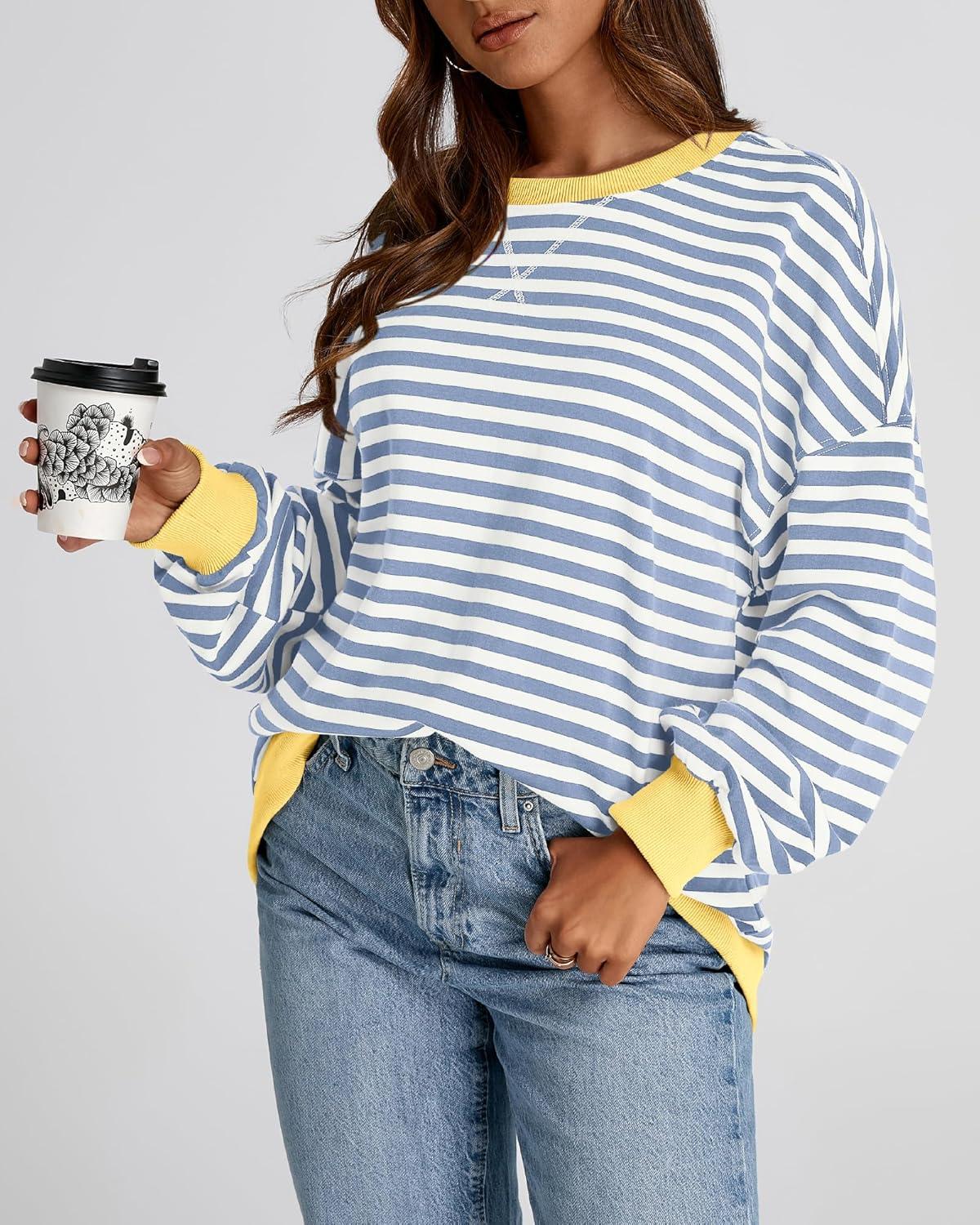 imageBTFBM Womens Oversized Striped Sweatshirt Crewneck Long Sleeve Pullover Top Casual Y2K Fall Clothes 2025 Workout ShirtBlue Beige White