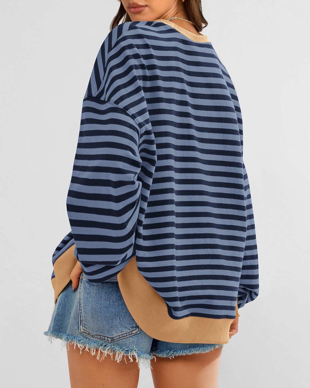 imageBTFBM Womens Oversized Striped Sweatshirt Crewneck Long Sleeve Pullover Top Casual Y2K Fall Clothes 2025 Workout ShirtBlue Navy