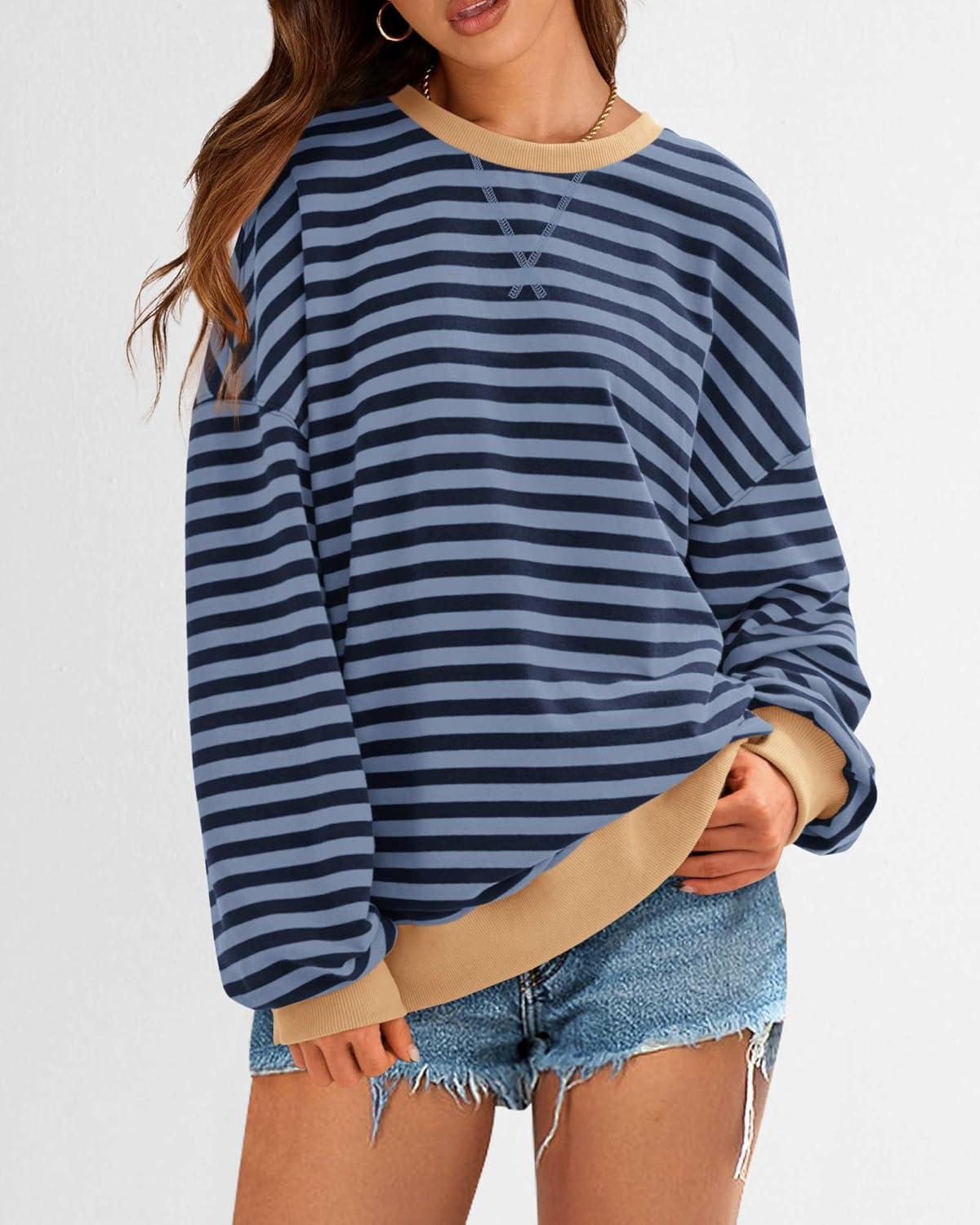 imageBTFBM Womens Oversized Striped Sweatshirt Crewneck Long Sleeve Pullover Top Casual Y2K Fall Clothes 2025 Workout ShirtBlue Navy