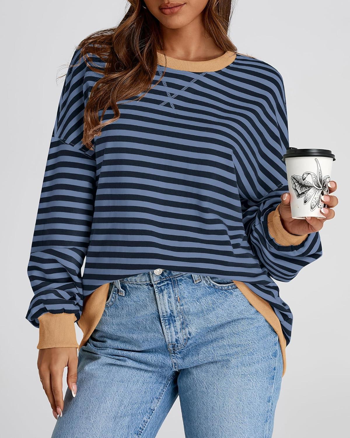imageBTFBM Womens Oversized Striped Sweatshirt Crewneck Long Sleeve Pullover Top Casual Y2K Fall Clothes 2025 Workout ShirtBlue Navy