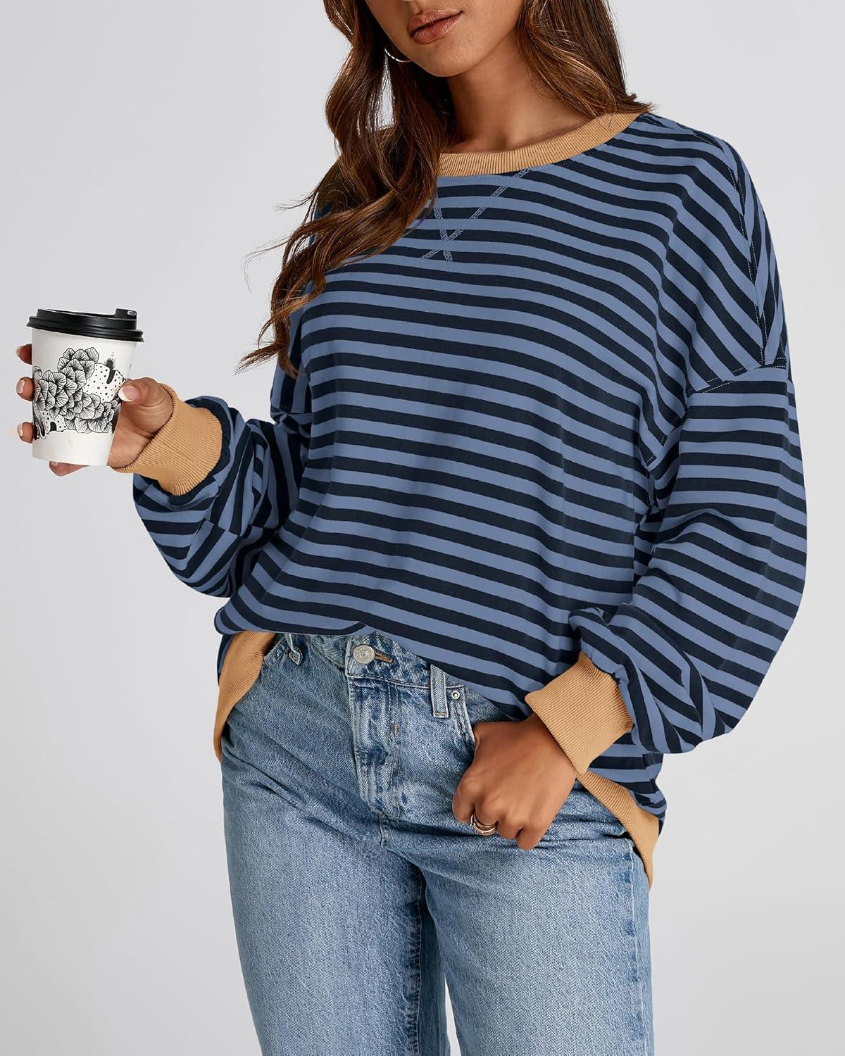 imageBTFBM Womens Oversized Striped Sweatshirt Crewneck Long Sleeve Pullover Top Casual Y2K Fall Clothes 2025 Workout ShirtBlue Navy
