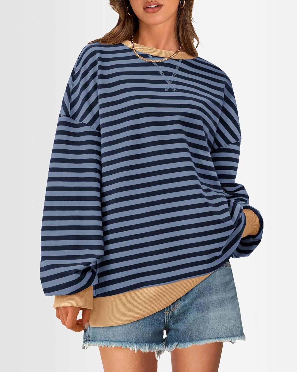 imageBTFBM Womens Oversized Striped Sweatshirt Crewneck Long Sleeve Pullover Top Casual Y2K Fall Clothes 2025 Workout ShirtBlue Navy