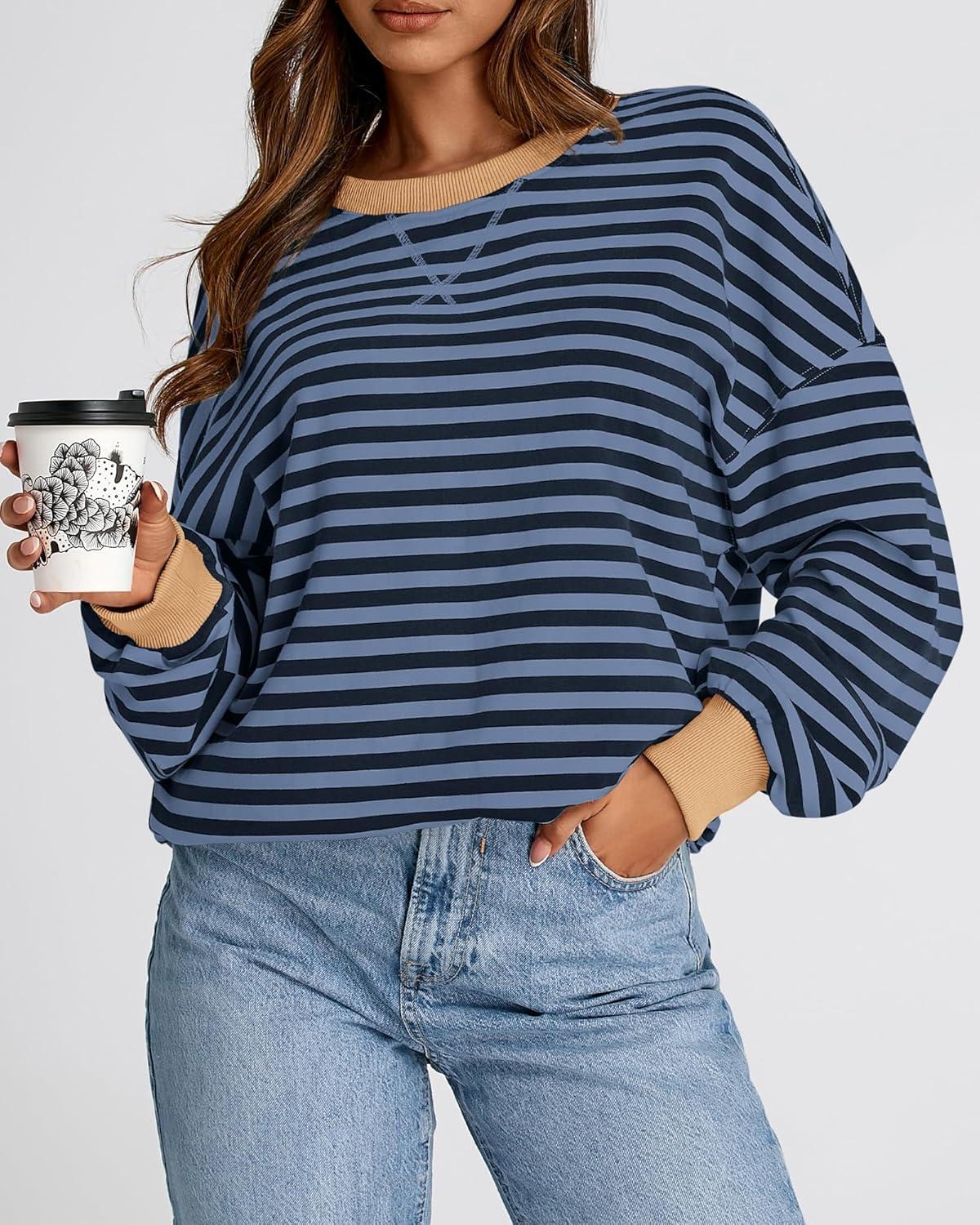 imageBTFBM Womens Oversized Striped Sweatshirt Crewneck Long Sleeve Pullover Top Casual Y2K Fall Clothes 2025 Workout ShirtBlue Navy