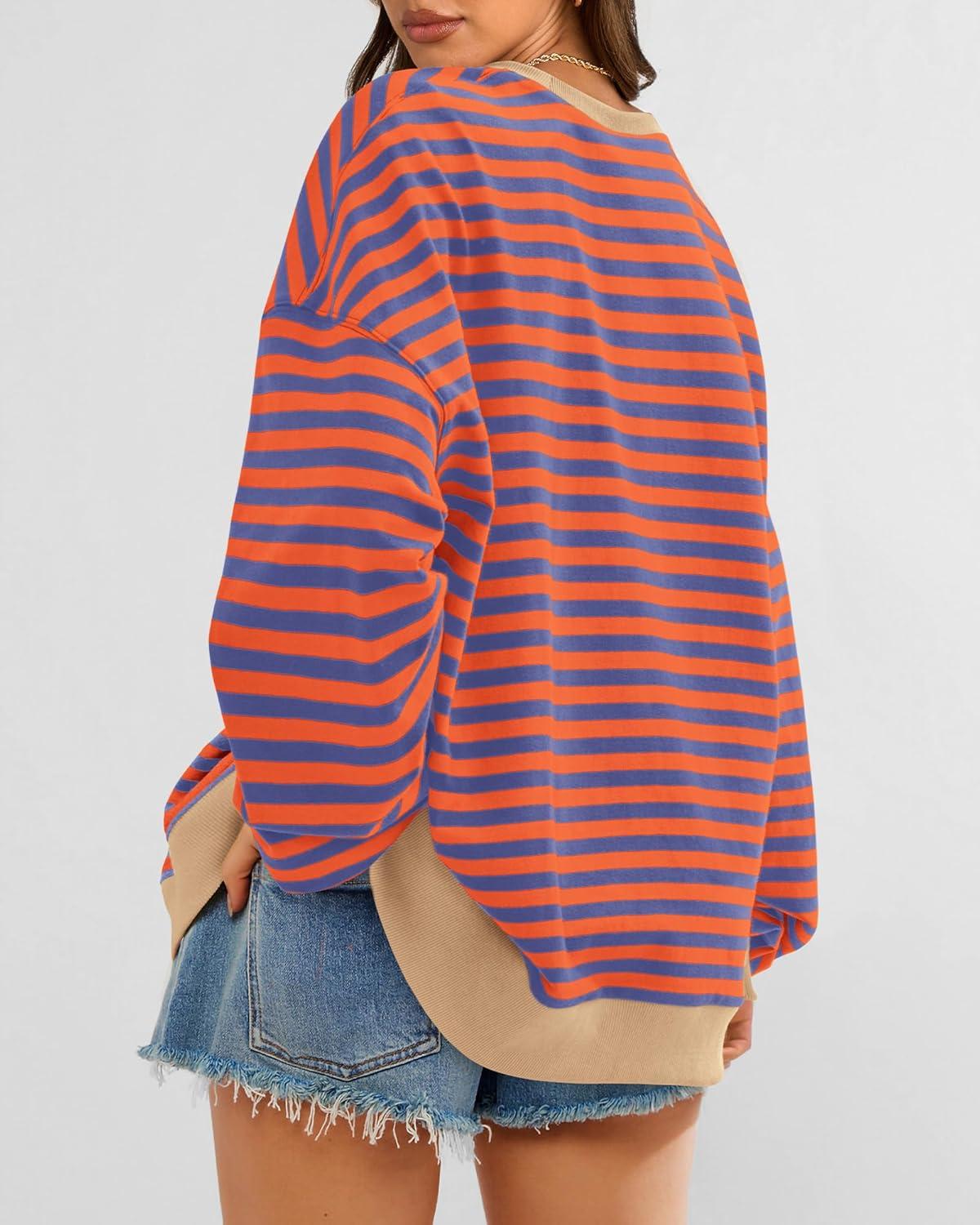 imageBTFBM Womens Oversized Striped Sweatshirt Crewneck Long Sleeve Pullover Top Casual Y2K Fall Clothes 2025 Workout ShirtBlue Orange