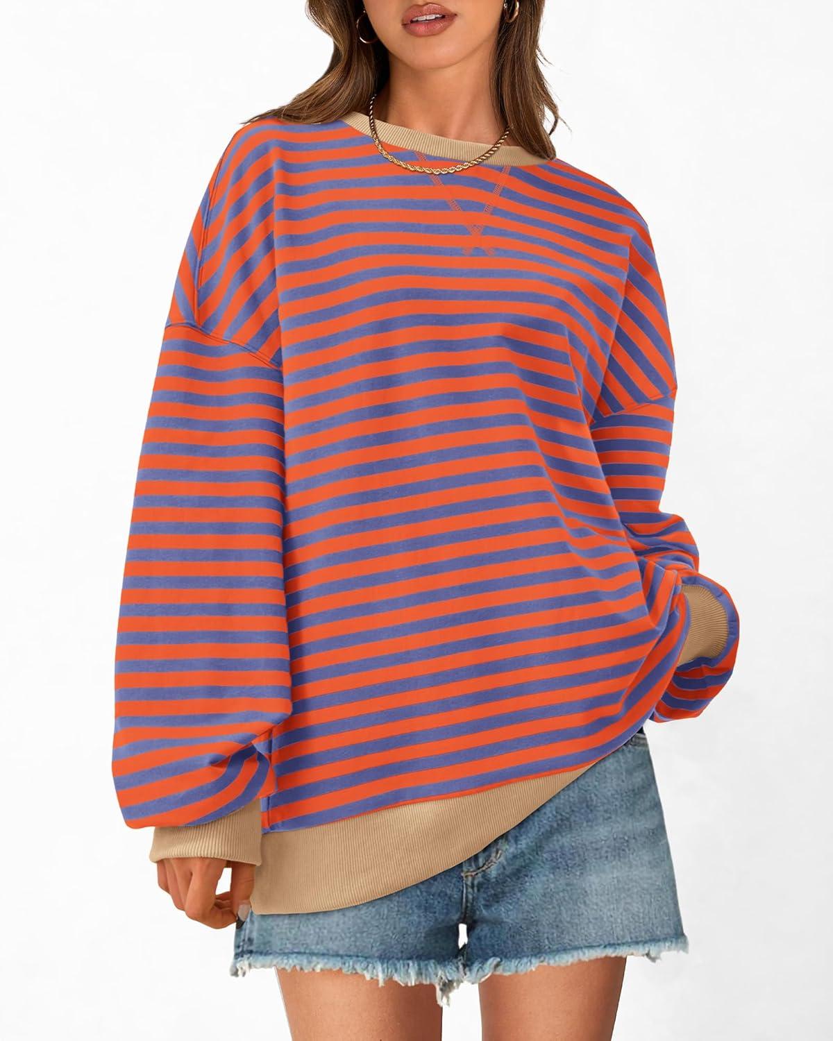 imageBTFBM Womens Oversized Striped Sweatshirt Crewneck Long Sleeve Pullover Top Casual Y2K Fall Clothes 2025 Workout ShirtBlue Orange