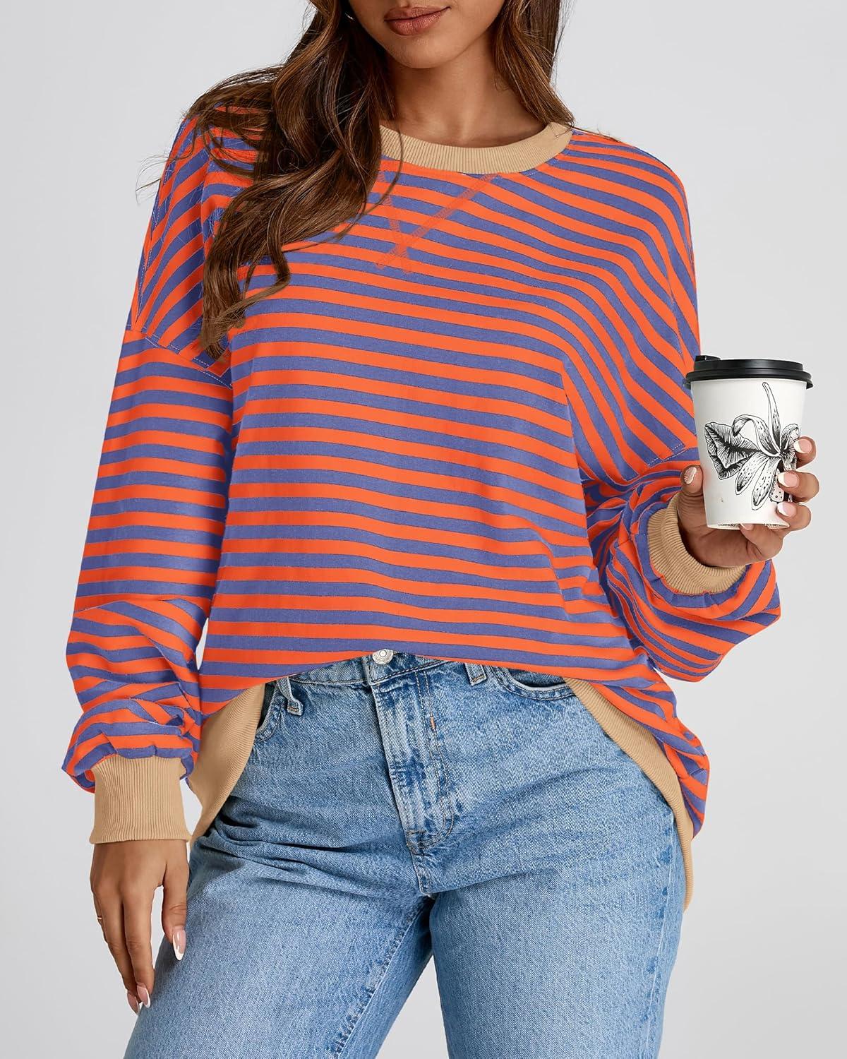 imageBTFBM Womens Oversized Striped Sweatshirt Crewneck Long Sleeve Pullover Top Casual Y2K Fall Clothes 2025 Workout ShirtBlue Orange