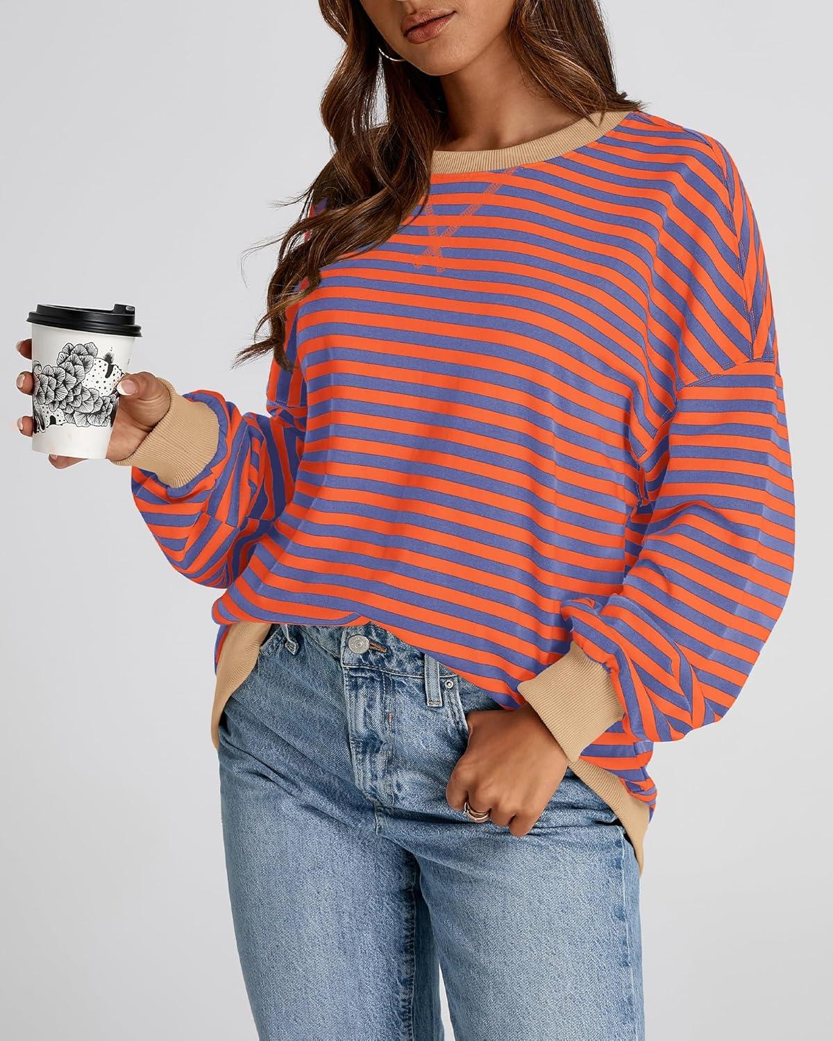 imageBTFBM Womens Oversized Striped Sweatshirt Crewneck Long Sleeve Pullover Top Casual Y2K Fall Clothes 2025 Workout ShirtBlue Orange