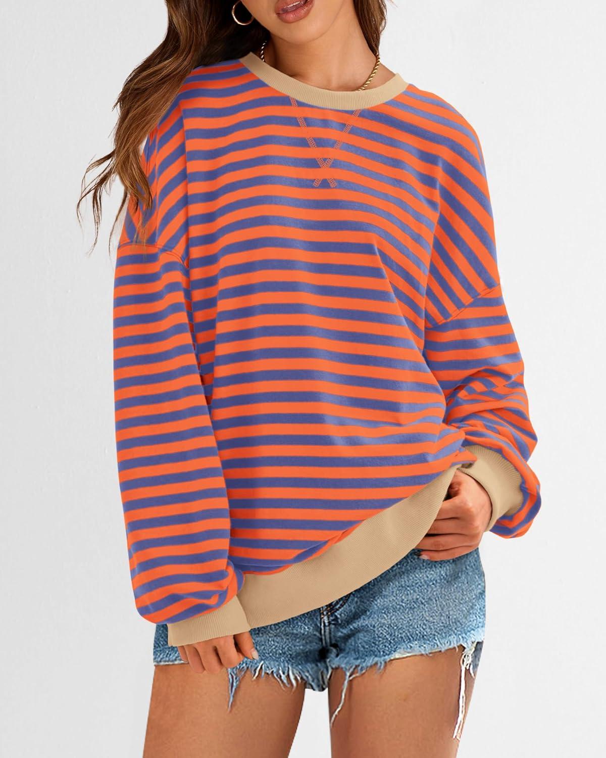 imageBTFBM Womens Oversized Striped Sweatshirt Crewneck Long Sleeve Pullover Top Casual Y2K Fall Clothes 2025 Workout ShirtBlue Orange