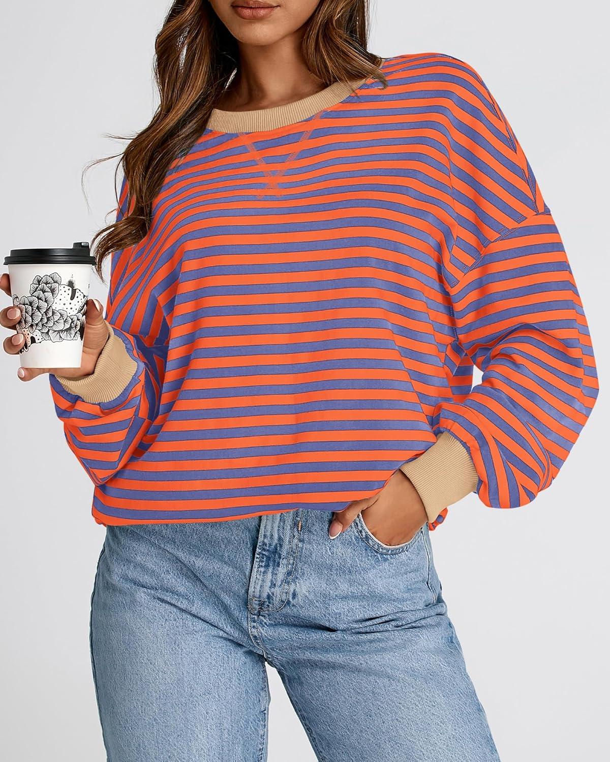 imageBTFBM Womens Oversized Striped Sweatshirt Crewneck Long Sleeve Pullover Top Casual Y2K Fall Clothes 2025 Workout ShirtBlue Orange