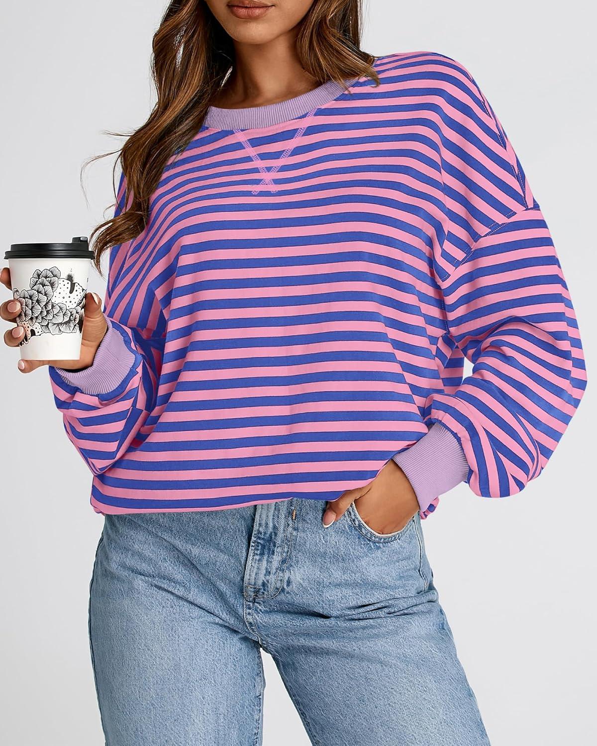 imageBTFBM Womens Oversized Striped Sweatshirt Crewneck Long Sleeve Pullover Top Casual Y2K Fall Clothes 2025 Workout ShirtBlue Pink