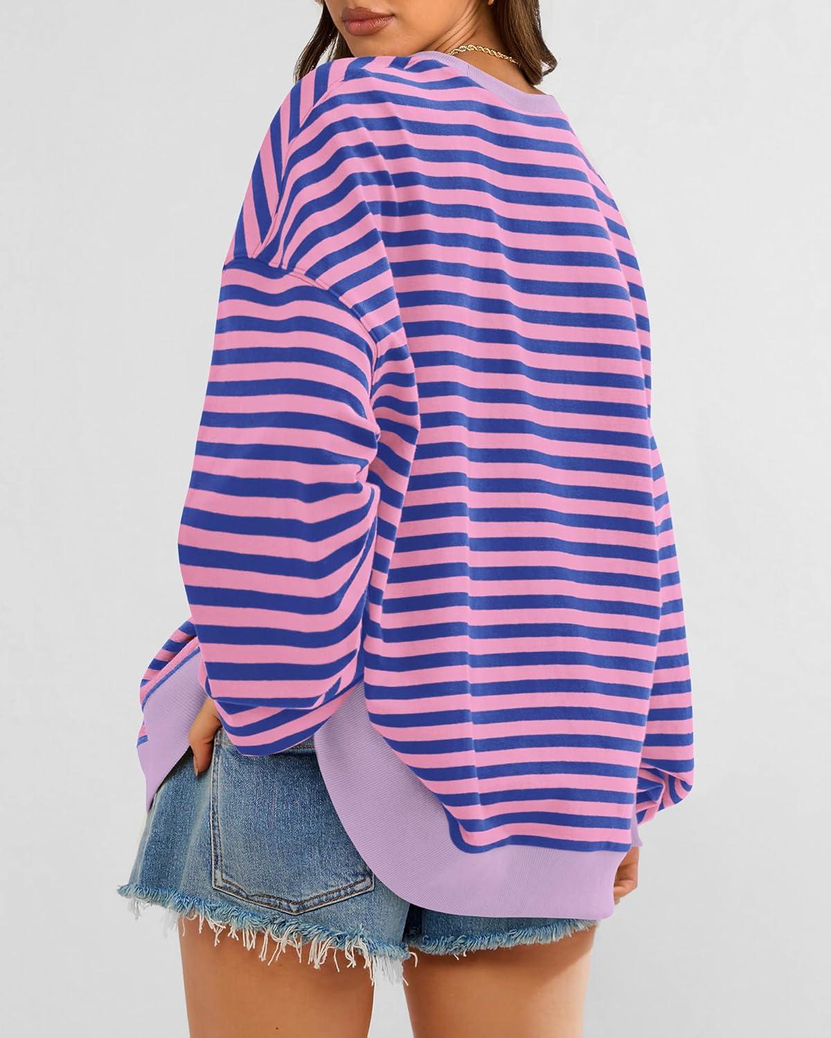 imageBTFBM Womens Oversized Striped Sweatshirt Crewneck Long Sleeve Pullover Top Casual Y2K Fall Clothes 2025 Workout ShirtBlue Pink
