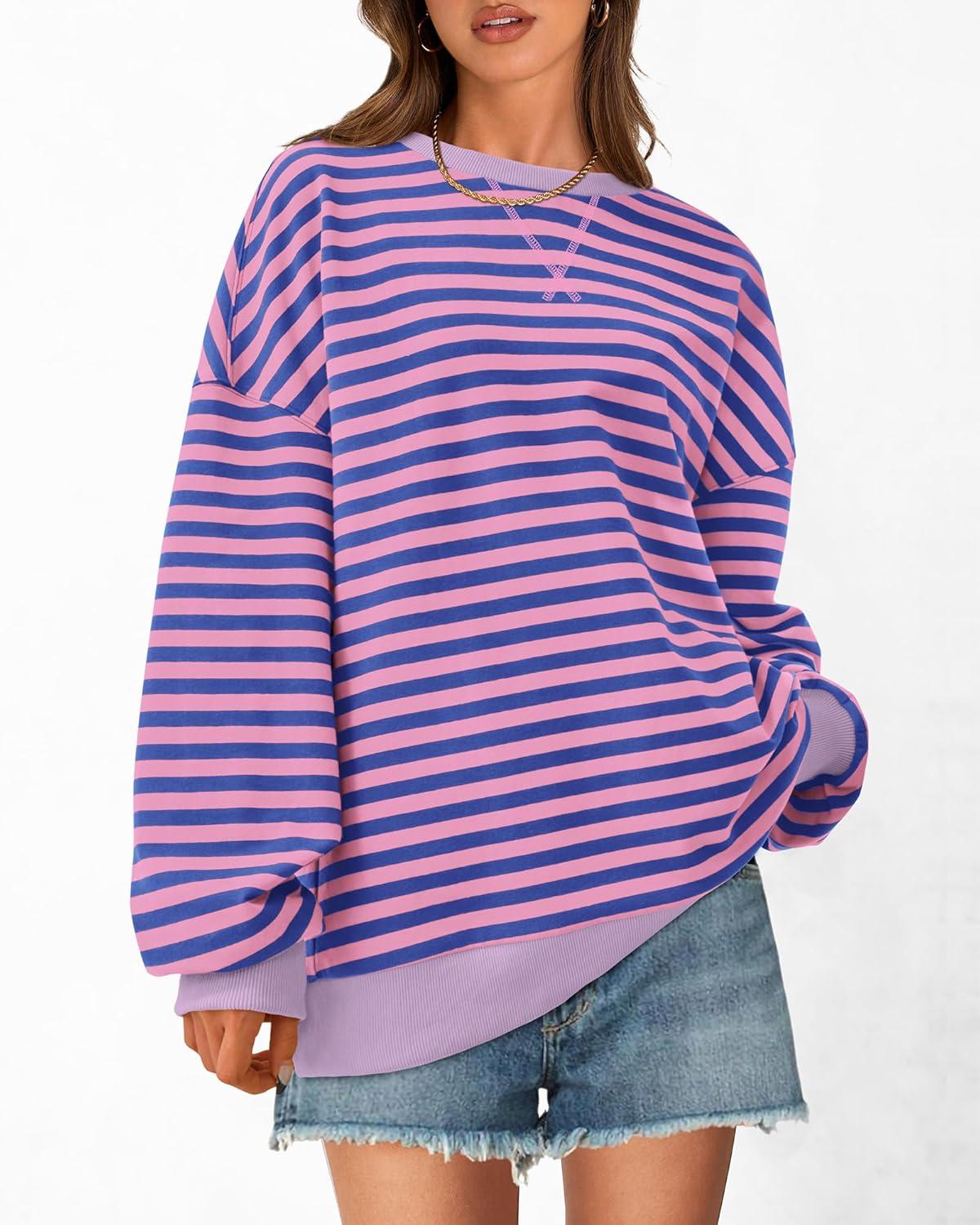 imageBTFBM Womens Oversized Striped Sweatshirt Crewneck Long Sleeve Pullover Top Casual Y2K Fall Clothes 2025 Workout ShirtBlue Pink
