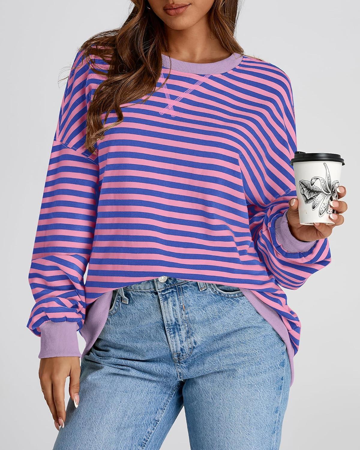 imageBTFBM Womens Oversized Striped Sweatshirt Crewneck Long Sleeve Pullover Top Casual Y2K Fall Clothes 2025 Workout ShirtBlue Pink