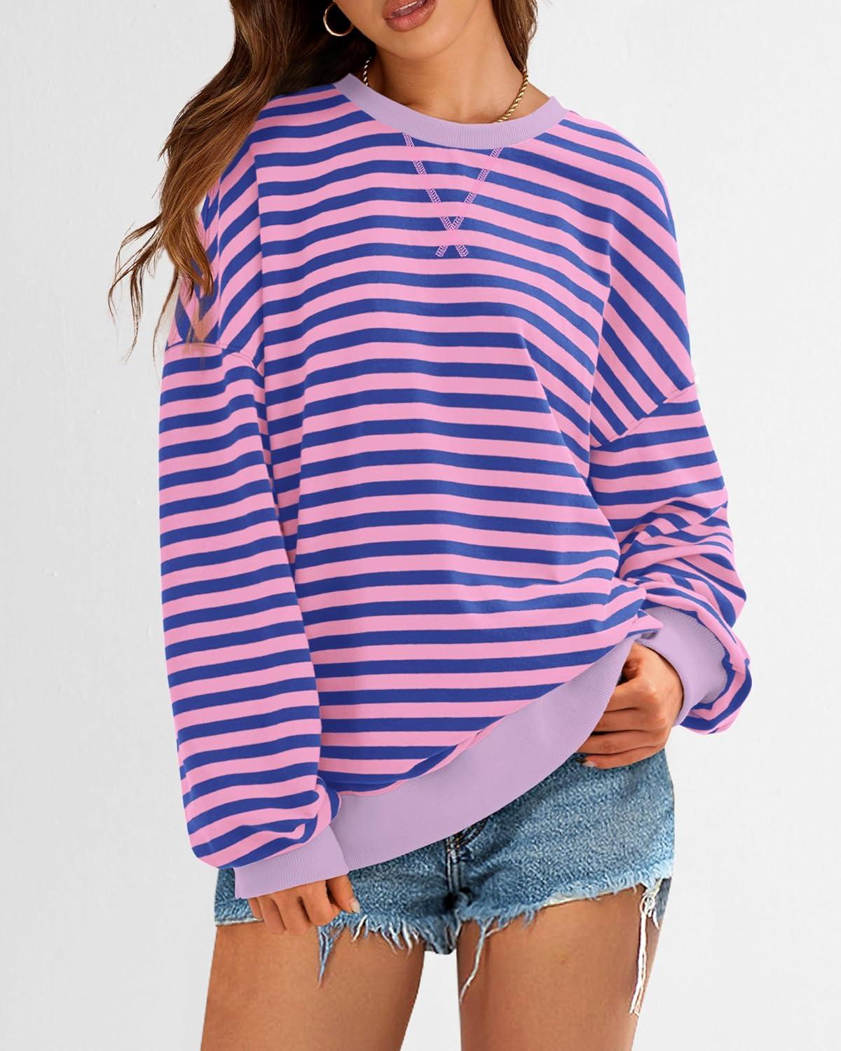imageBTFBM Womens Oversized Striped Sweatshirt Crewneck Long Sleeve Pullover Top Casual Y2K Fall Clothes 2025 Workout ShirtBlue Pink