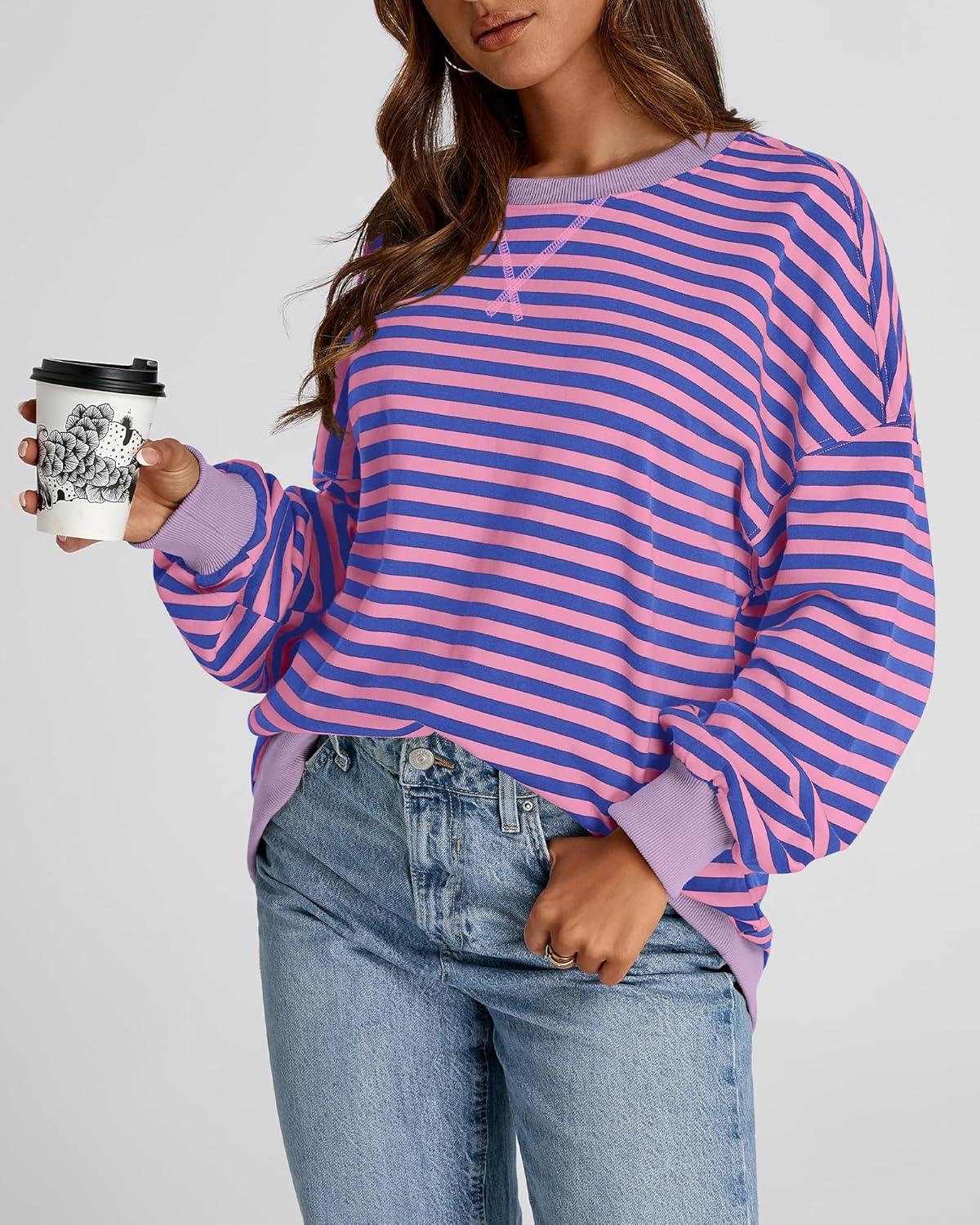 imageBTFBM Womens Oversized Striped Sweatshirt Crewneck Long Sleeve Pullover Top Casual Y2K Fall Clothes 2025 Workout ShirtBlue Pink