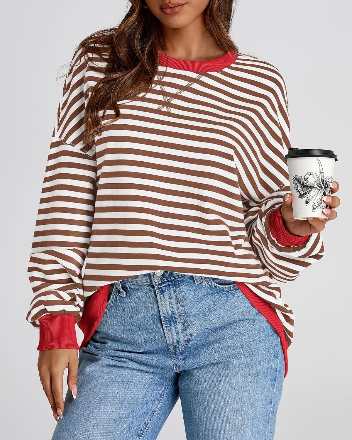 imageBTFBM Womens Oversized Striped Sweatshirt Crewneck Long Sleeve Pullover Top Casual Y2K Fall Clothes 2025 Workout ShirtBrown White