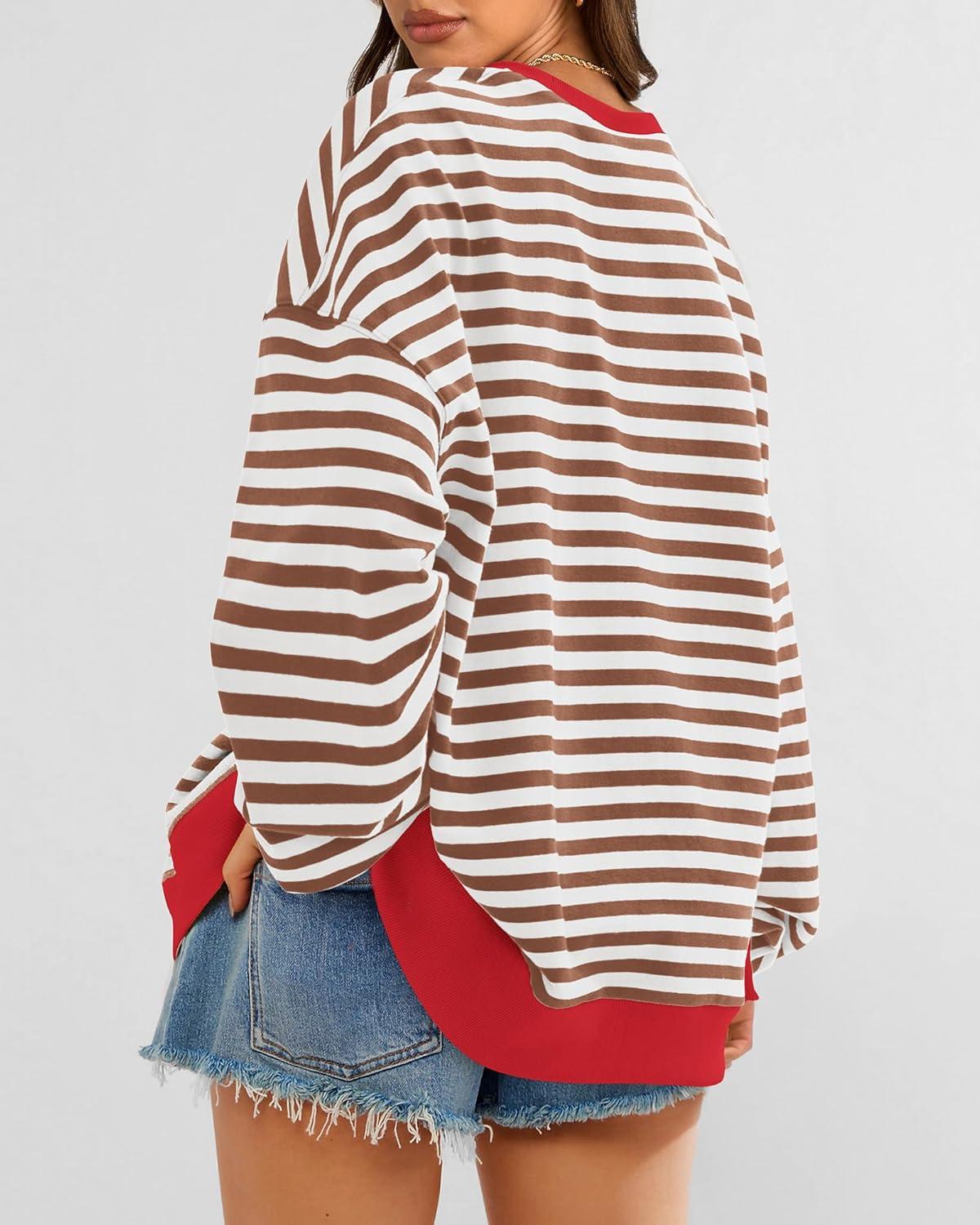 imageBTFBM Womens Oversized Striped Sweatshirt Crewneck Long Sleeve Pullover Top Casual Y2K Fall Clothes 2025 Workout ShirtBrown White