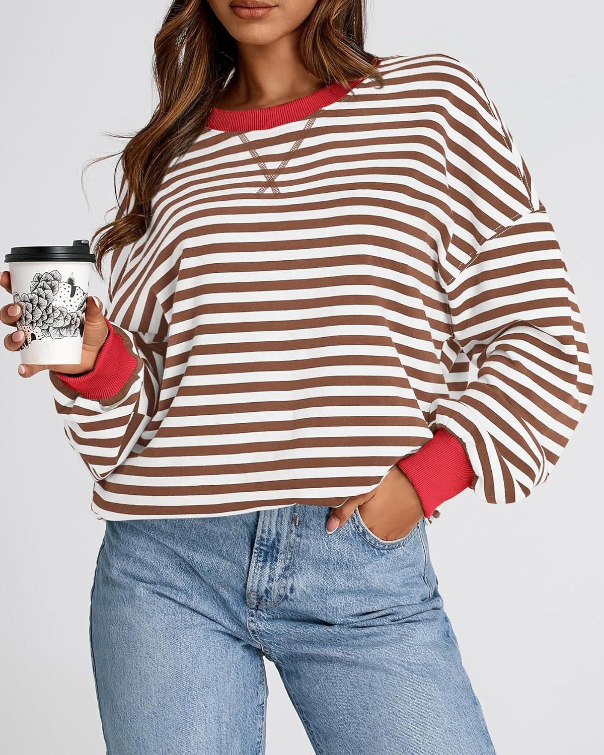 imageBTFBM Womens Oversized Striped Sweatshirt Crewneck Long Sleeve Pullover Top Casual Y2K Fall Clothes 2025 Workout ShirtBrown White