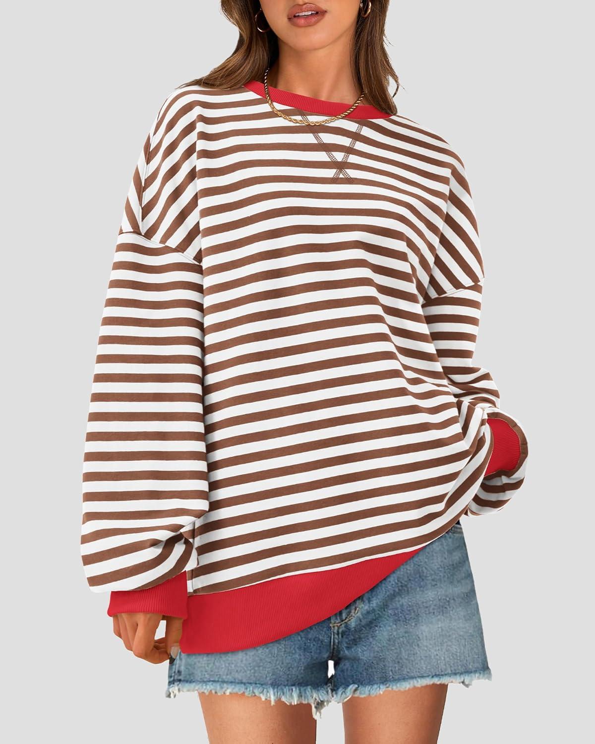 imageBTFBM Womens Oversized Striped Sweatshirt Crewneck Long Sleeve Pullover Top Casual Y2K Fall Clothes 2025 Workout ShirtBrown White