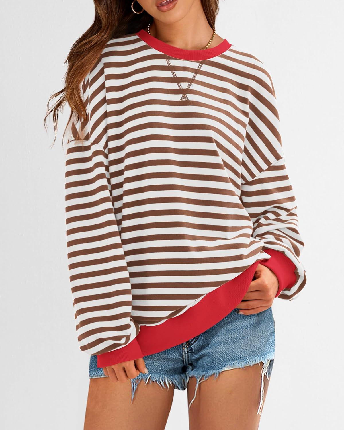 imageBTFBM Womens Oversized Striped Sweatshirt Crewneck Long Sleeve Pullover Top Casual Y2K Fall Clothes 2025 Workout ShirtBrown White