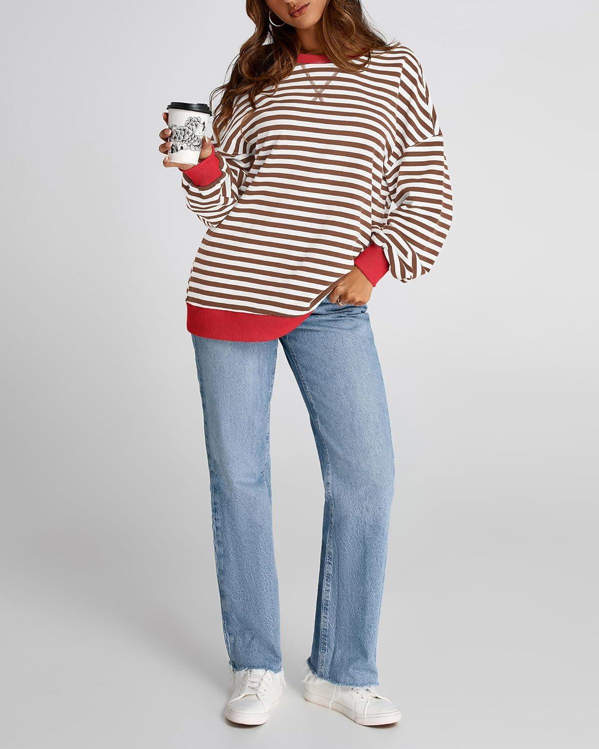 imageBTFBM Womens Oversized Striped Sweatshirt Crewneck Long Sleeve Pullover Top Casual Y2K Fall Clothes 2025 Workout ShirtBrown White